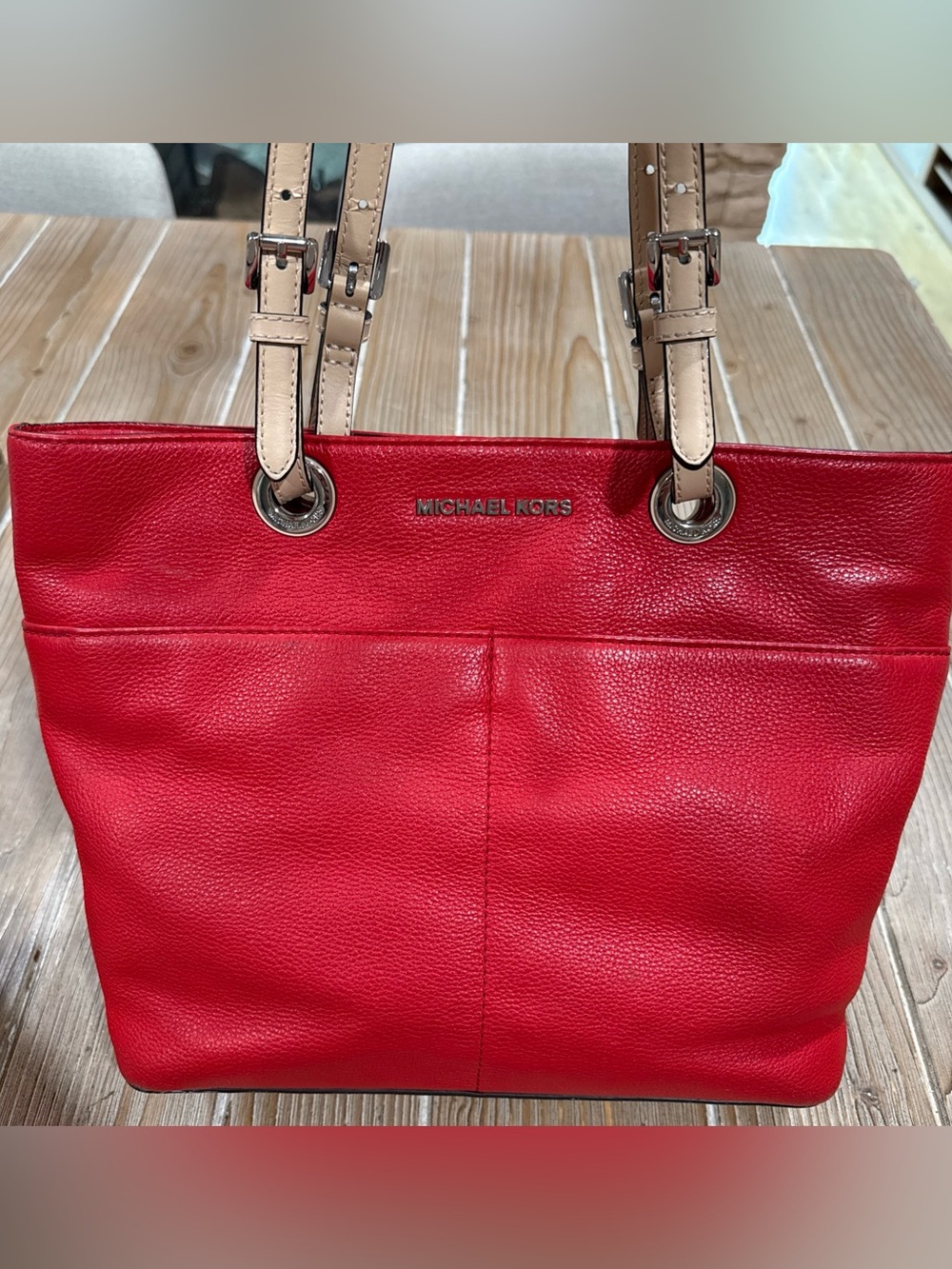 Michael Kors Bedford Medium Top Zip Pocket Tote Bag in Red Pebbled Leather